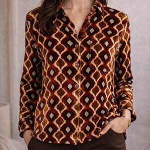 Maliparmi Velvet Button Down Shirt Silk Blend Brick Print Italy M